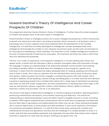 Howard Gardner’s Theory Of Intelligence And Career Prospects Of Children