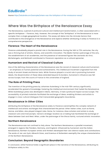 Where Was the Birthplace of the Renaissance Essay