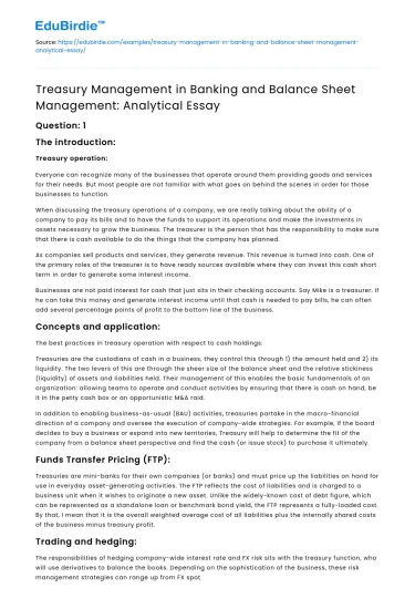 Banking Treasury and Balance Sheet Management