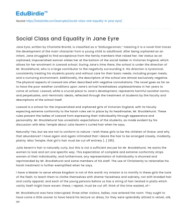 Social Class and Equality in Jane Eyre