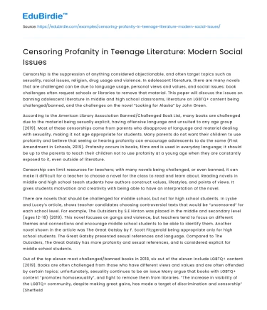 Censoring Profanity in Teenage Literature: Modern Social Issues