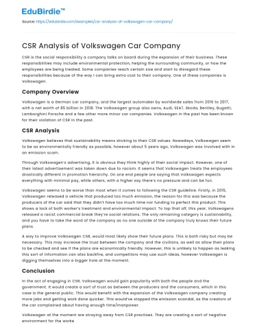 CSR Analysis of Volkswagen Car Company