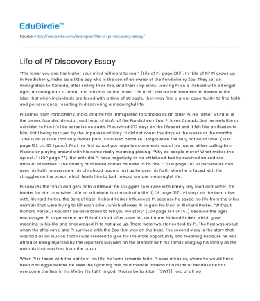 Life of Pi’ Discovery Essay