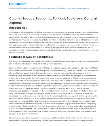Colonial Legacy: Economic, Political, Social And Cultural Aspects