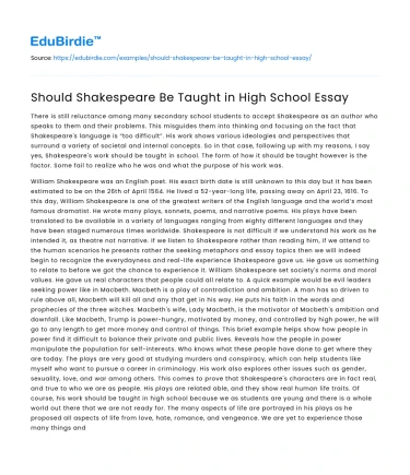 Should Shakespeare Be Taught in High School Essay