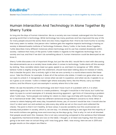 Human Interaction And Technology In Alone Together By Sherry Turkle