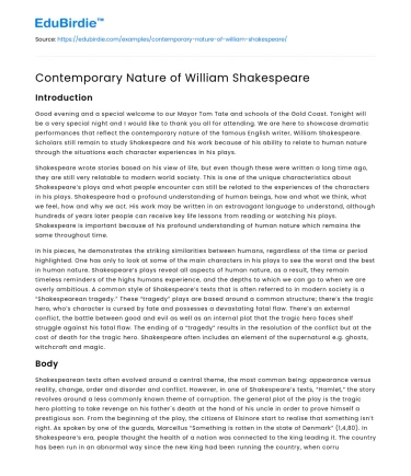 Contemporary Nature of William Shakespeare