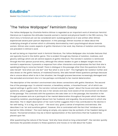 “The Yellow Wallpaper” Feminism Essay
