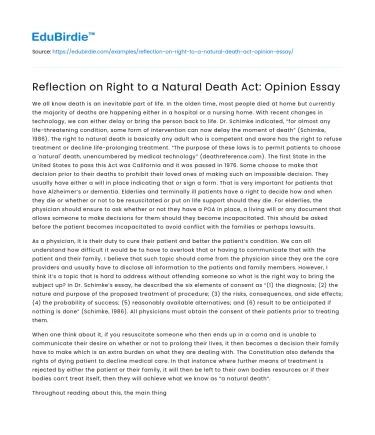 Reflection on Right to a Natural Death Act: Opinion Essay