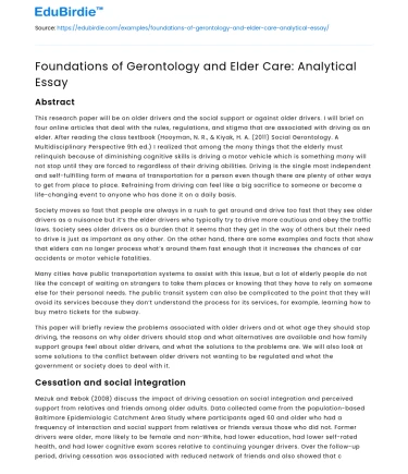 Foundations of Gerontology and Elder Care: Analytical Essay