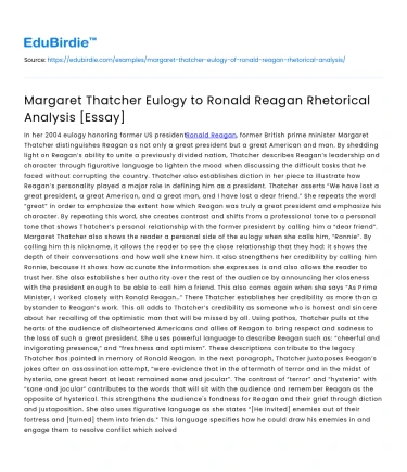 Margaret Thatcher Eulogy to Ronald Reagan Rhetorical Analysis [Essay]