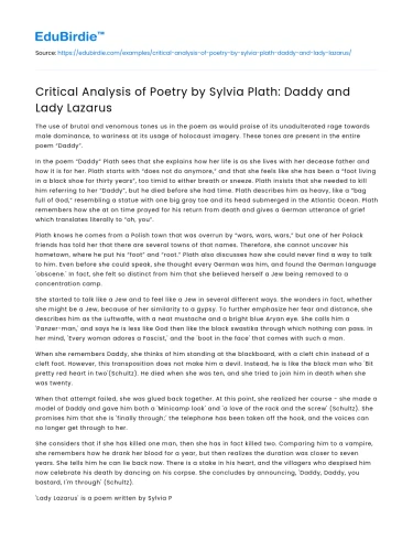 Critical Analysis of Poetry by Sylvia Plath: Daddy and Lady Lazarus