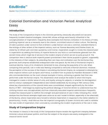 Colonial Domination and Victorian Period: Analytical Essay