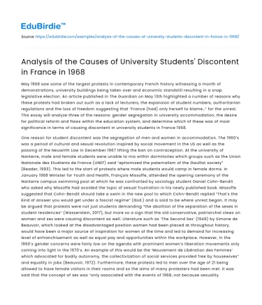 Causes of Student Discontent in 1968 France