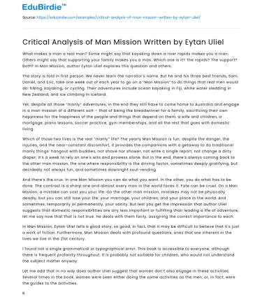Critical Analysis of Man Mission Written by Eytan Uliel