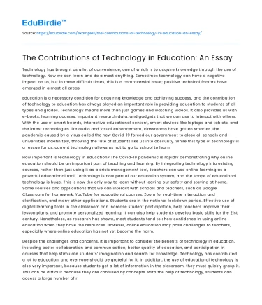 The Contributions of Technology in Education: An Essay