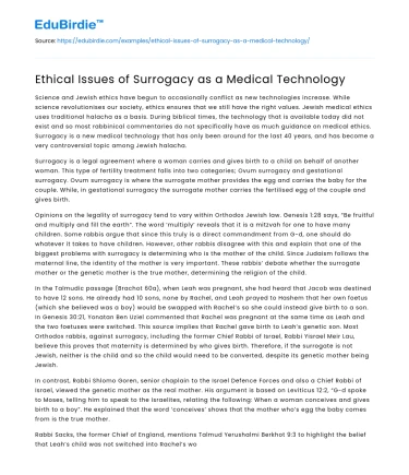Ethical Issues of Surrogacy as a Medical Technology