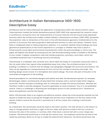 Architecture in Italian Renaissance 1400-1600: Descriptive Essay