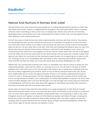 Nature And Nurture In Romeo And Juliet