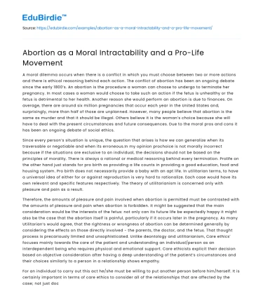Abortion as a Moral Intractability and a Pro-Life Movement