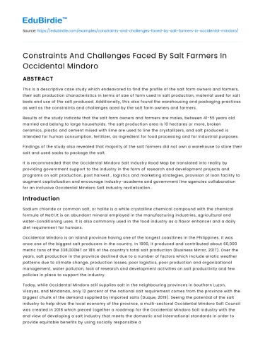 Constraints And Challenges Faced By Salt Farmers In Occidental Mindoro