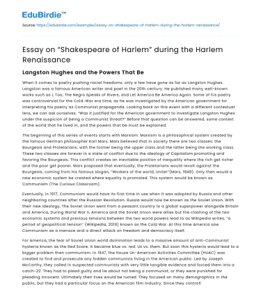 Essay on “Shakespeare of Harlem” during the Harlem Renaissance