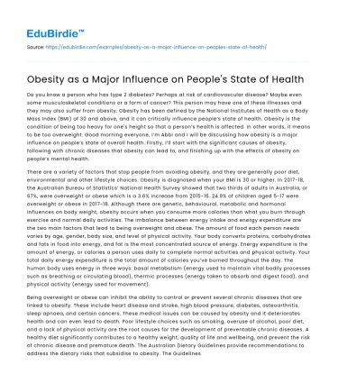 Obesity as a Major Influence on People’s State of Health