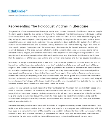 Literary Depictions of Holocaust Victims: A Complex Representation