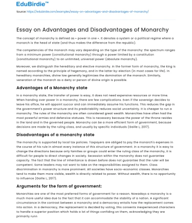 Essay on Advantages and Disadvantages of Monarchy