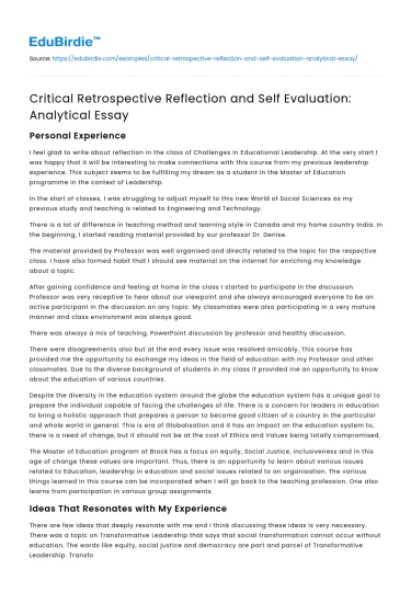 Critical Retrospective Reflection and Self Evaluation