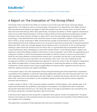 A Report on The Evaluation of The Stroop Effect