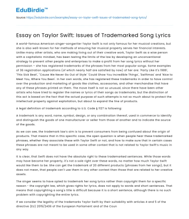 Essay on Taylor Swift: Issues of Trademarked Song Lyrics