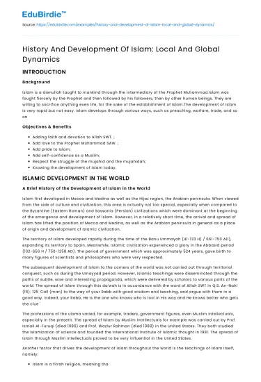History And Development Of Islam: Local And Global Dynamics