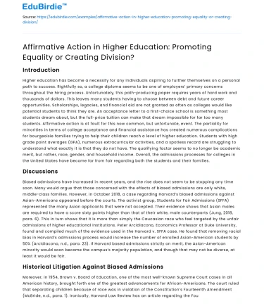 Affirmative Action in Higher Education: Equality or Division?
