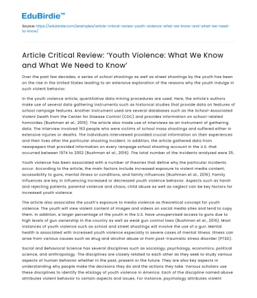Youth Violence: What We Know & Need to Know