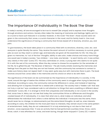 The Importance Of Individuality In The Book The Giver
