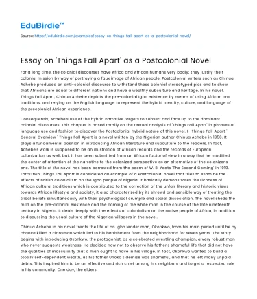 Essay on ‘Things Fall Apart’ as a Postcolonial Novel