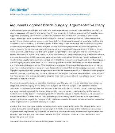 Arguments against Plastic Surgery: Argumentative Essay
