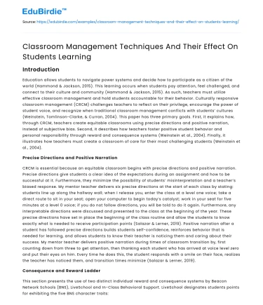 Classroom Management Techniques And Their Effect On Students Learning