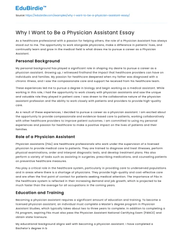 Why I Want to Be a Physician Assistant Essay