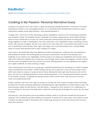 Cooking Is My Passion: Personal Narrative Essay