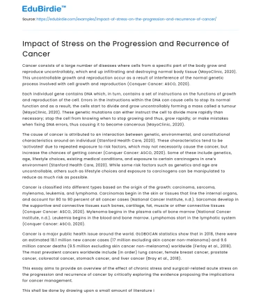 Impact of Stress on the Progression and Recurrence of Cancer