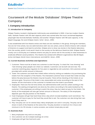 Coursework of the Module ‘Database’: Shilpee Theatre Company