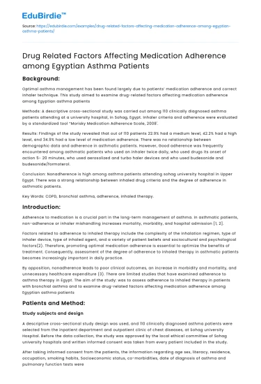 Drug Factors Affecting Asthma Medication Adherence in Egypt