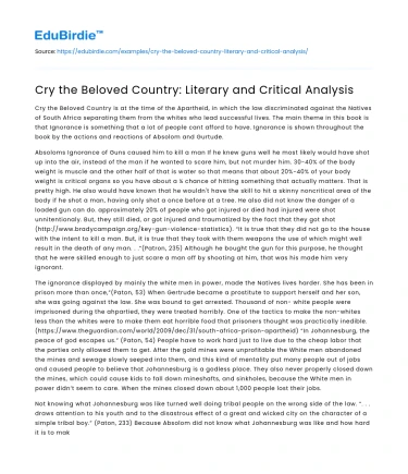 Cry the Beloved Country: Literary and Critical Analysis