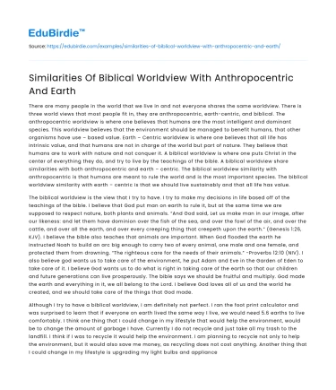 Similarities Of Biblical Worldview With Anthropocentric And Earth