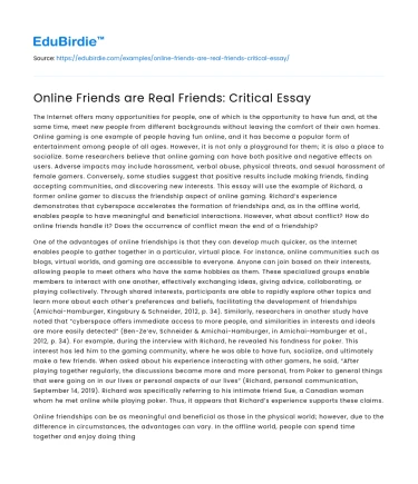 Online Friends are Real Friends: Critical Essay