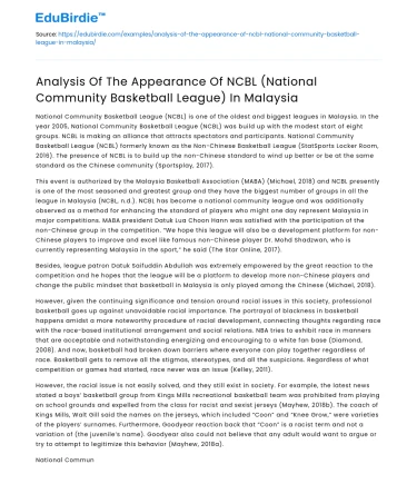 Appearance of NCBL in Malaysia: A Analysis