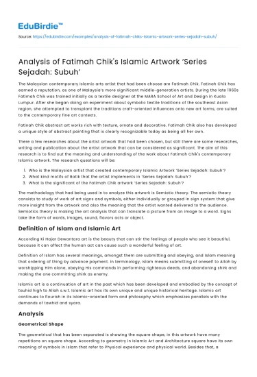 Analysis of Fatimah Chik’s Islamic Artwork ‘Series Sejadah: Subuh’