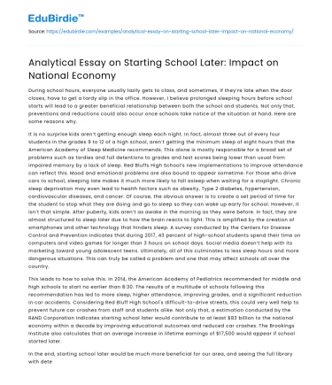 Analytical Essay on Starting School Later: Impact on National Economy